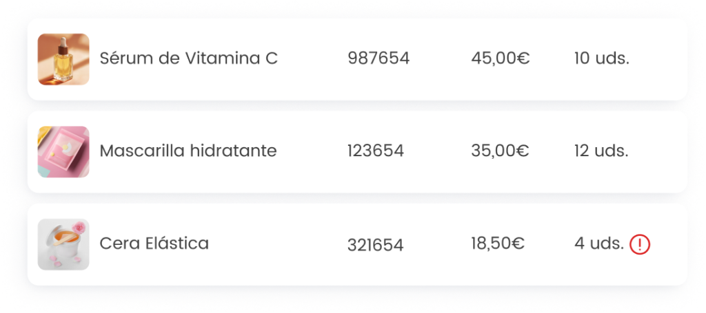 Lista de productos: Sérum de Vitamina C, Mascarilla hidratante y Cera Elástica con cantidades y precios.