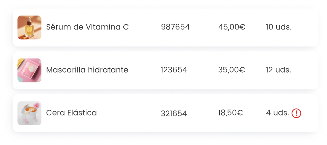Lista de productos: Sérum de Vitamina C, Mascarilla hidratante y Cera Elástica con cantidades y precios.