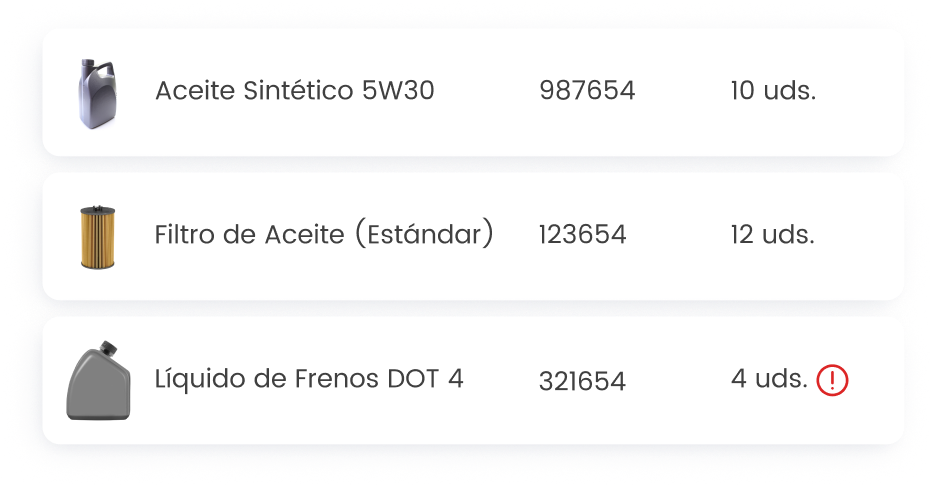 Listado de productos mecánicos: aceite sintético 5W30, filtro de aceite estándar y líquido de frenos DOT 4.