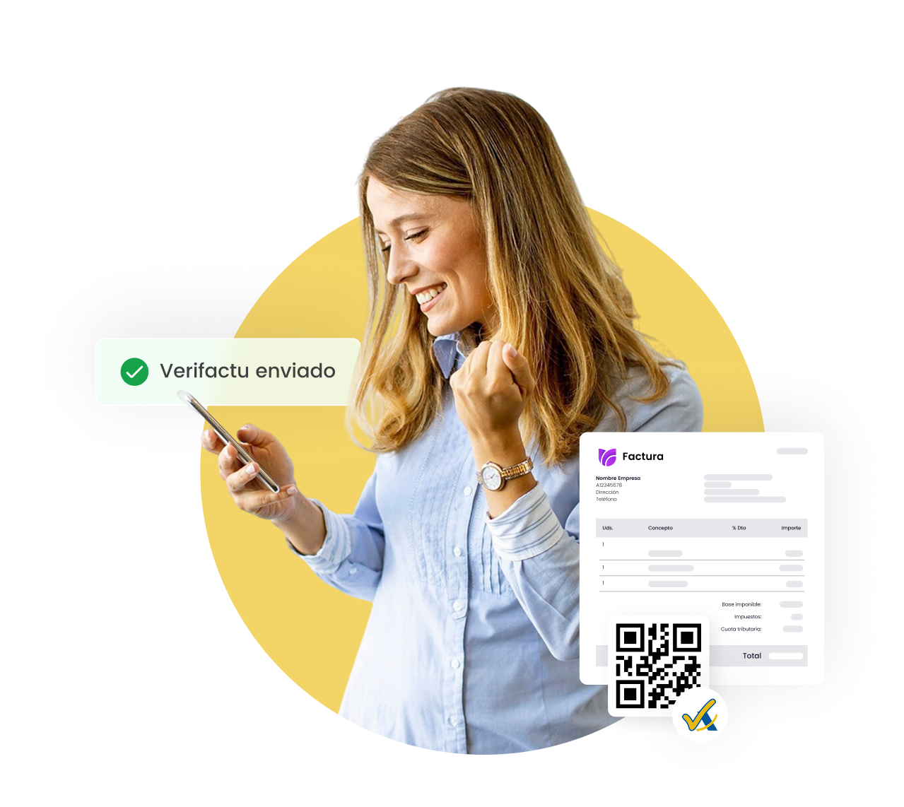 Mujer feliz con móvil revisando factura digital verificada, símbolo de aprobación y fondo amarillo.