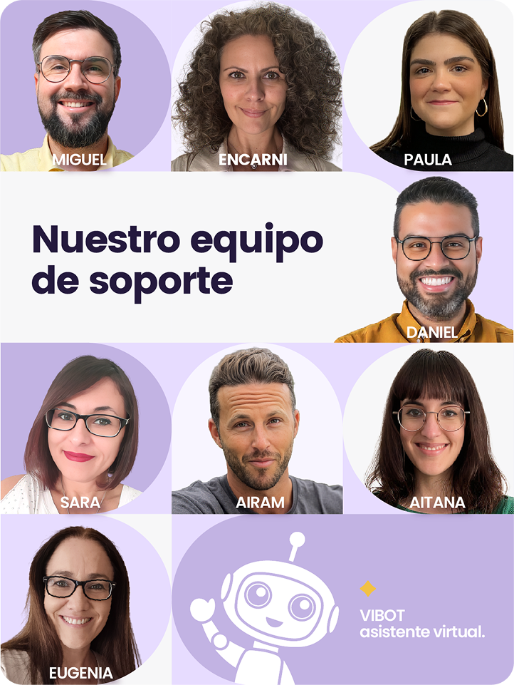 Nuestro equipo de soporte con ocho integrantes sonrientes y un asistente virtual, VIBOT.