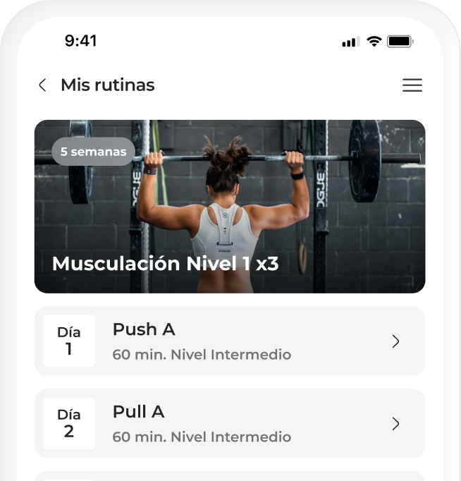 Pantalla de app mostrando rutina de musculación nivel 1, push y pull, de 5 semanas y 60 minutos por sesión.