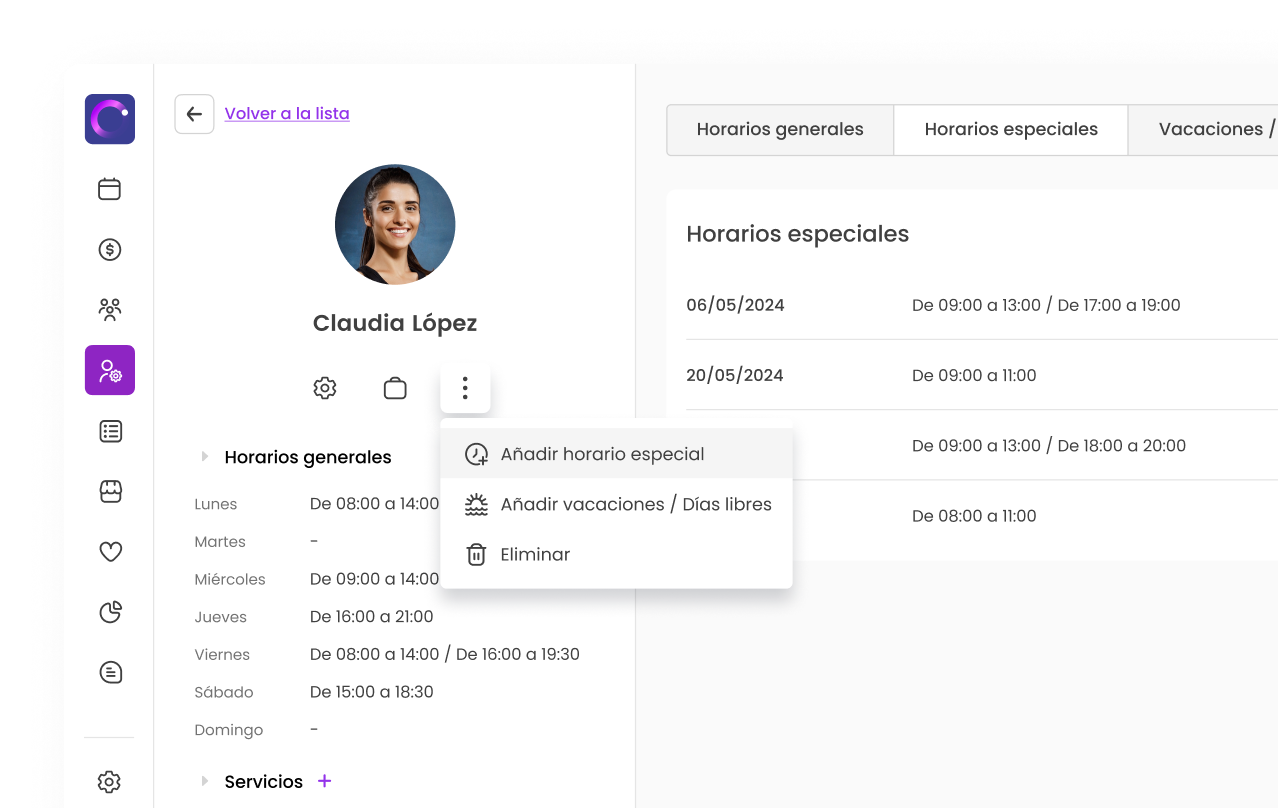 Interfaz de usuario mostrando horarios de trabajo y opción para añadir horarios especiales y vacaciones.