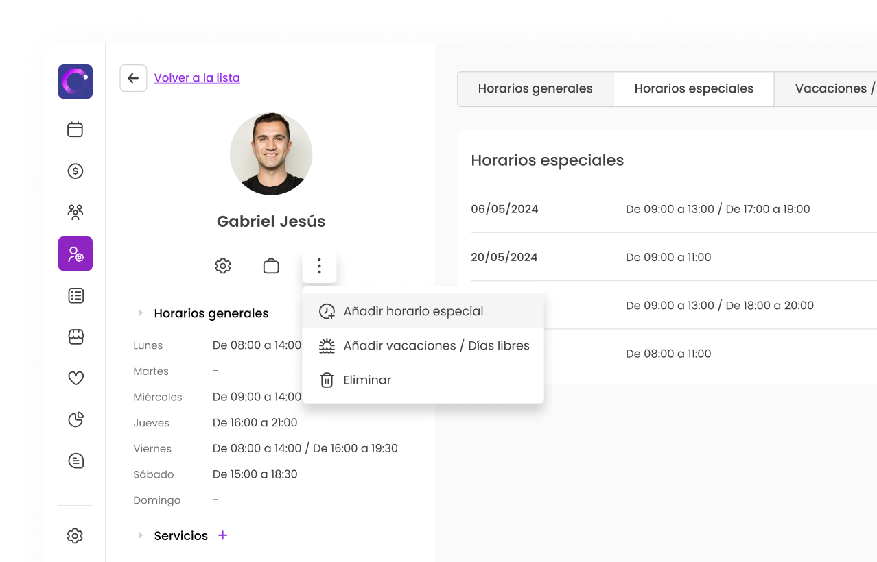 Interfaz de perfil con horarios laborales y opciones para añadir horarios especiales o vacaciones.