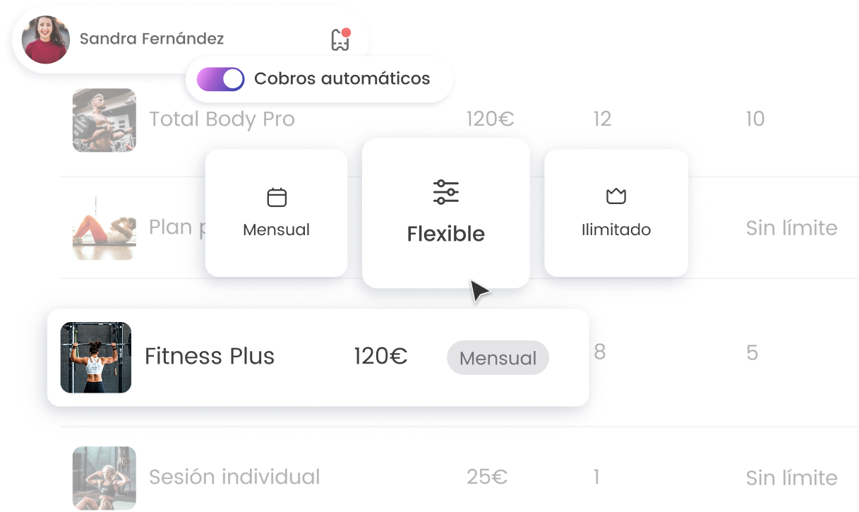 Planes de suscripción de gimnasio: Total Body Pro, Plan personal, Fitness Plus, Sesión individual. Cobros automáticos.