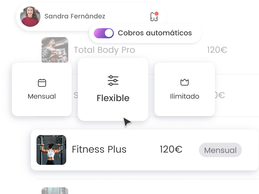 Planes de suscripción de gimnasio con opciones mensual, flexible e ilimitado, y cobros automáticos activados.