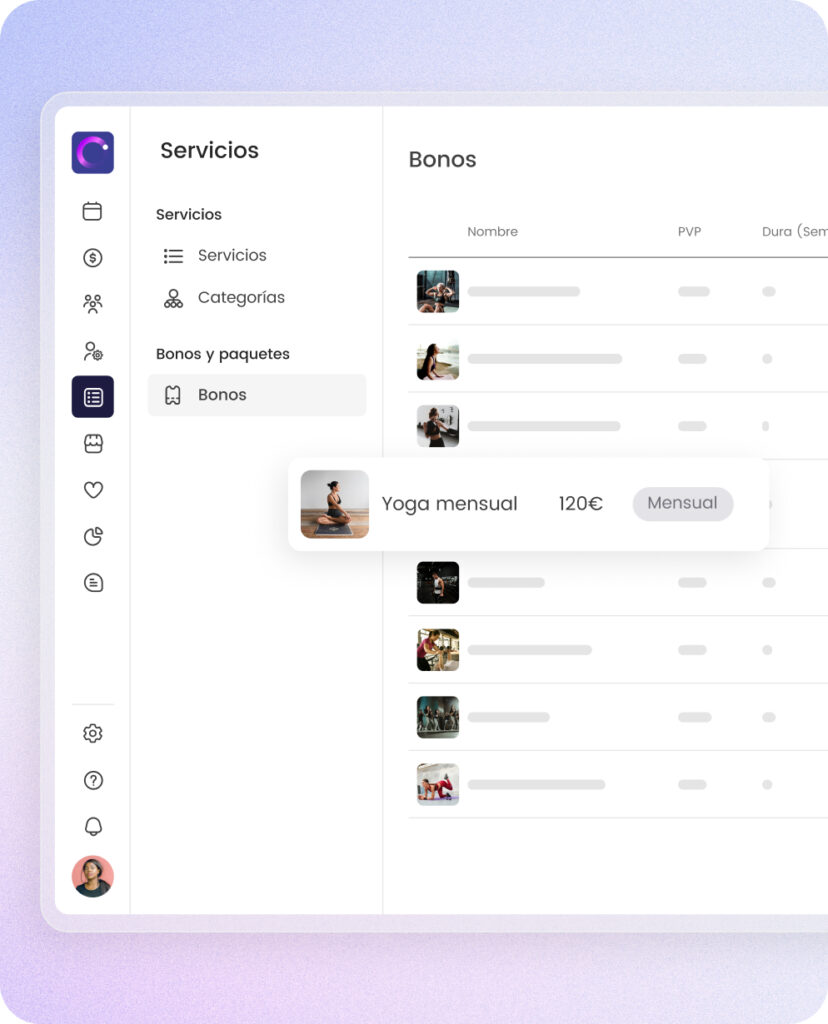 Pantalla de software con lista de servicios de bonos, destacando opción Yoga mensual a 120€, tarifa mensual.