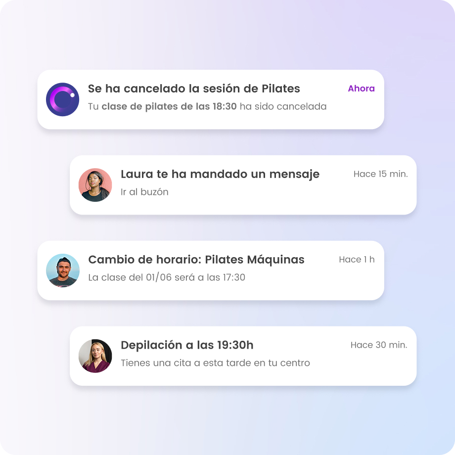 Notificaciones sobre cancelación de clase de Pilates, mensaje de Laura, cambio horario y cita de depilación.