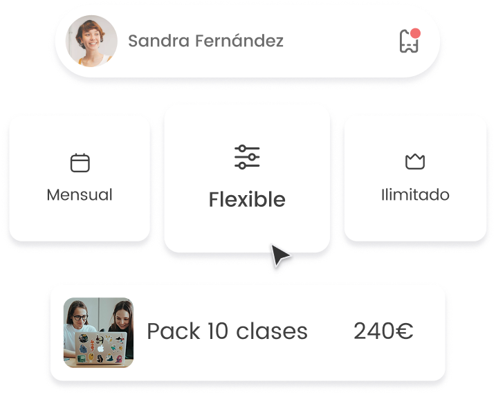 Opciones de planes de clases: Mensual, Flexible e Ilimitado. Pack de 10 clases por 240€.