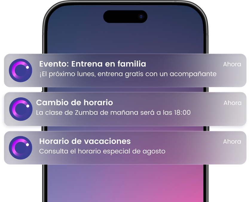 Notificaciones de evento en familia, cambio de horario de Zumba y horario de vacaciones en una pantalla de móvil.