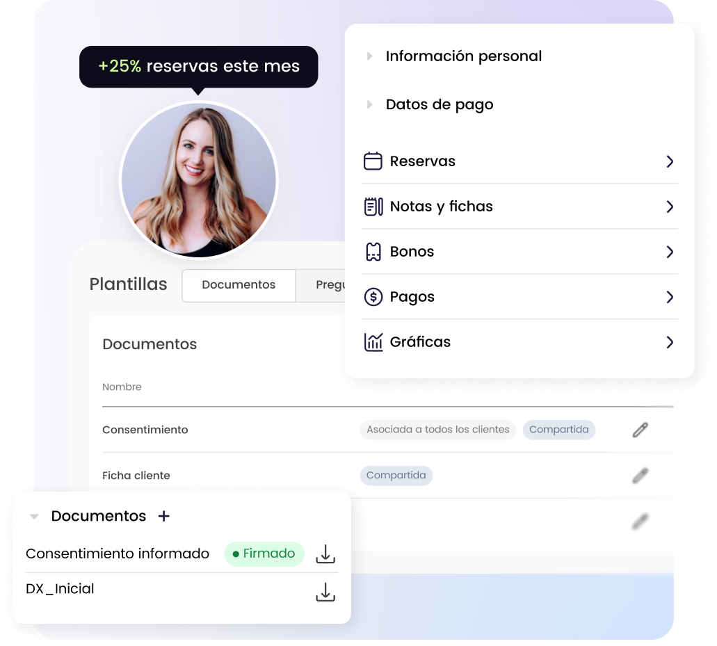Herramienta de gestión de reservas con aumento del 25%, menú de opciones y documentos para descarga.