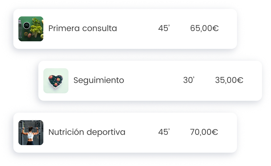 Precios de servicios nutricionales: Primera consulta 65€, Seguimiento 35€, Nutrición deportiva 70€.