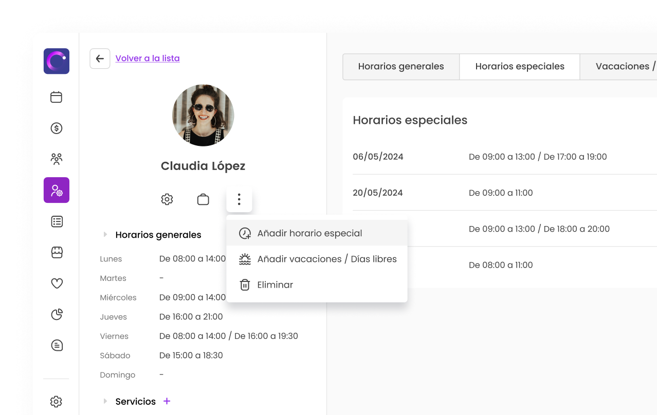 Pantalla de perfil de usuario con opciones de horarios y menú para añadir horarios especiales o vacaciones.