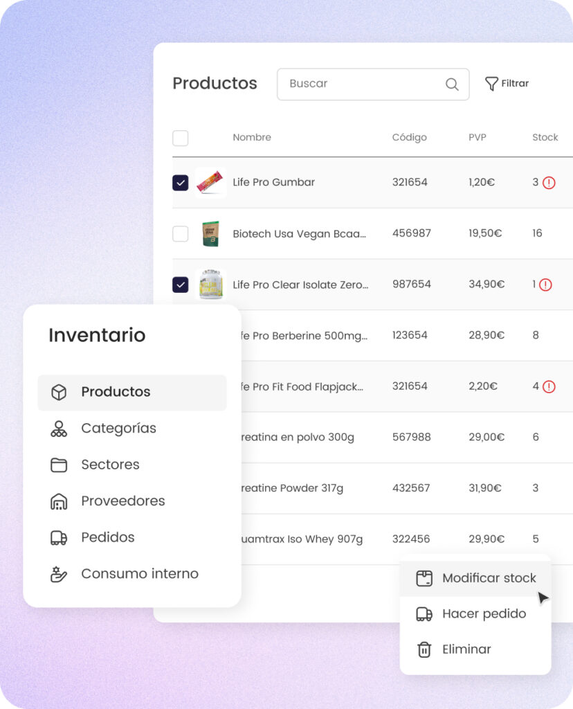Interfaz de gestión de inventario de productos con opciones de búsqueda, filtrado y actualización de stock.
