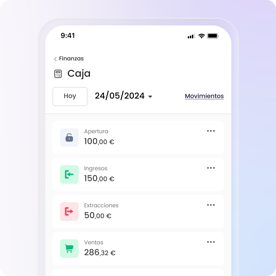 Pantalla de aplicación móvil mostrando movimientos de caja del 24/05/2024 con apertura, ingresos y ventas.