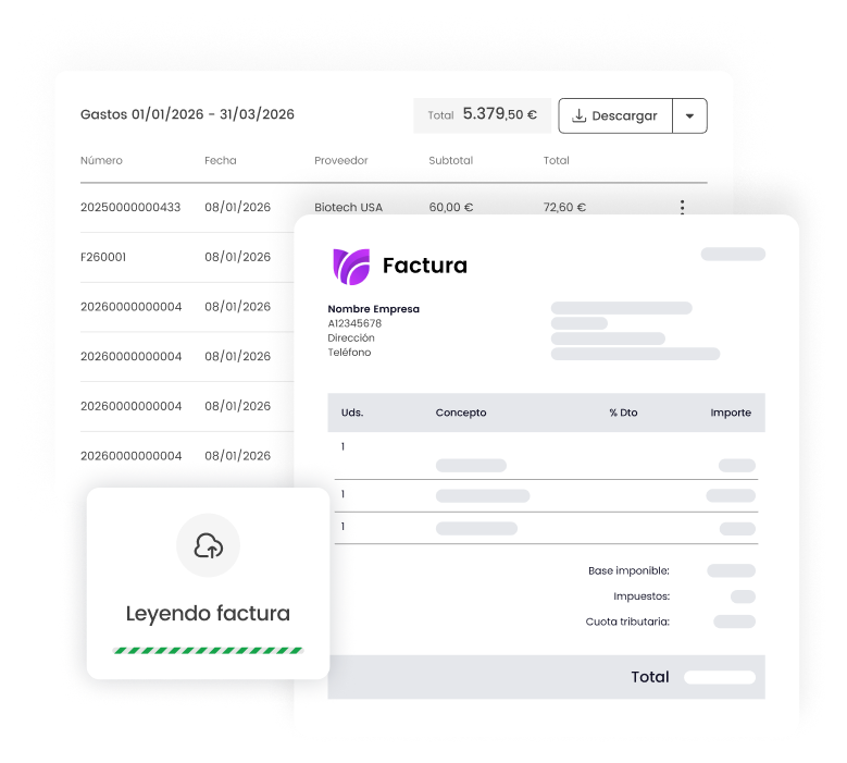 Factura digital con resumen de gastos y opción de descarga, mostrando detalles de proveedor y total a pagar.