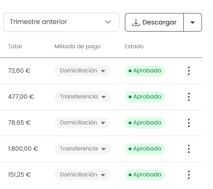 Lista de transacciones del trimestre anterior con detalles de montos, métodos de pago y estado aprobado.