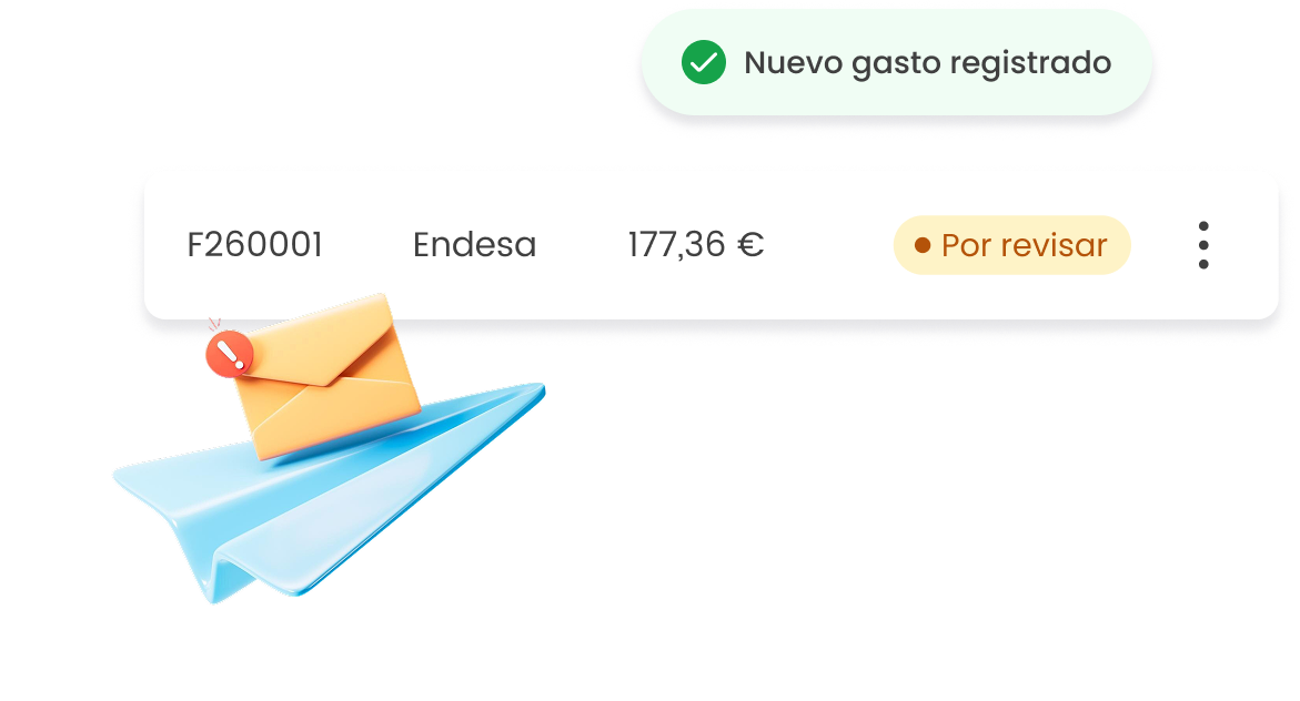 Registro de gasto en Endesa por 177,36 €, pendiente de revisión, con sobre y avión de papel en imagen.