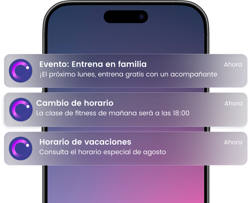 Notificaciones de eventos y cambios de horario en pantalla de móvil, incluyendo entreno familiar y horario de vacaciones.