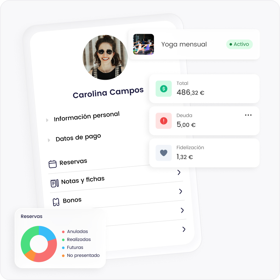 Perfil de usuario con información de reservas, deuda y fidelización en aplicación de gestión de yoga.