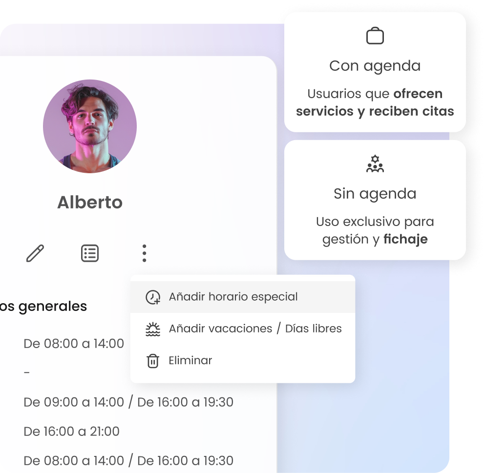 Interfaz de gestión de horarios de usuario, opciones para añadir vacaciones o eliminar, con y sin agenda.