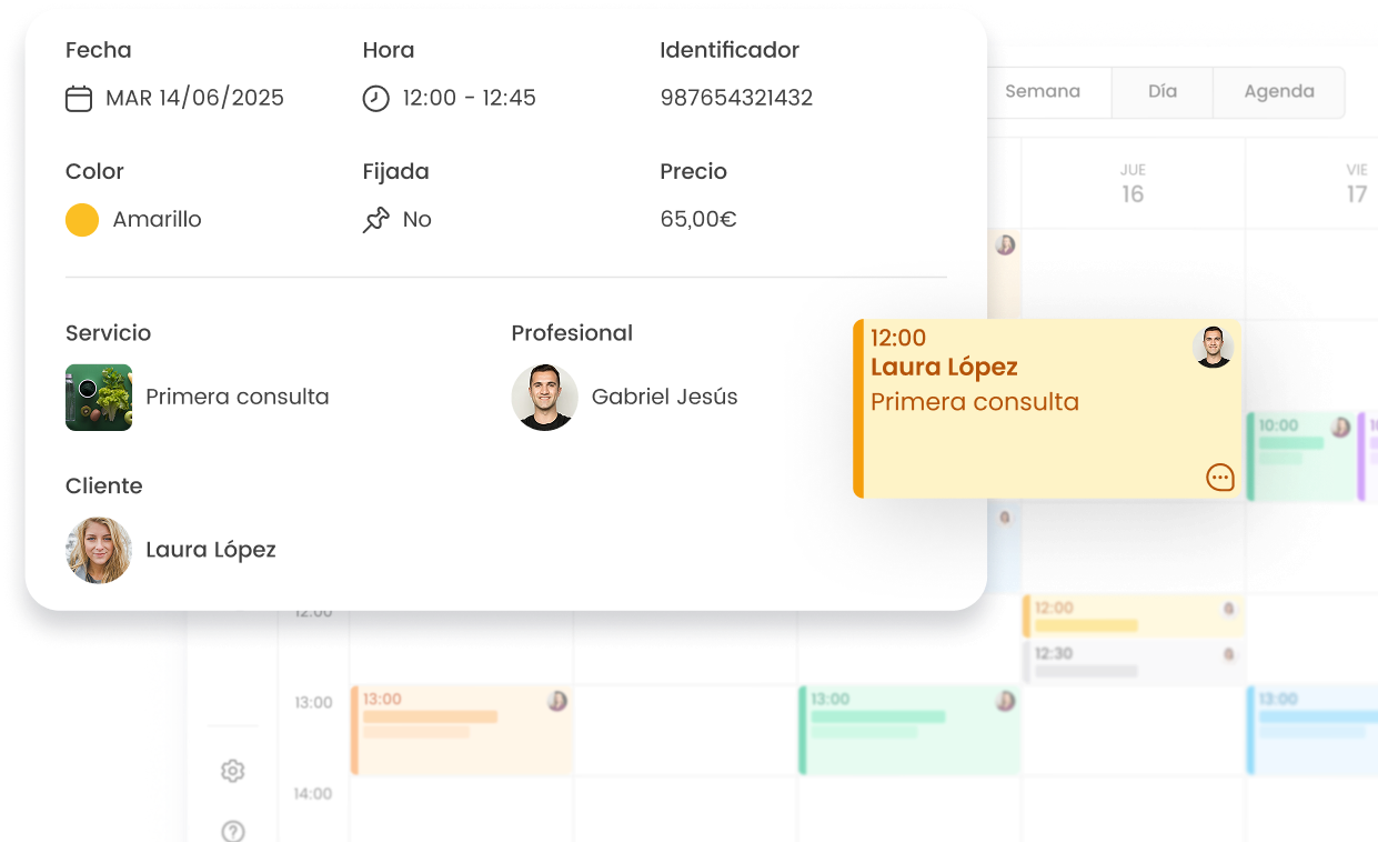 Calendario de citas mostrando primera consulta de Laura López el 14/06/2025 a las 12:00 con un profesional.