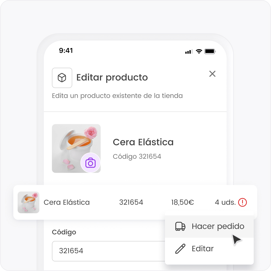 Pantalla de edición de producto Cera Elástica en tienda online. Código 321654, precio y opción de pedido.