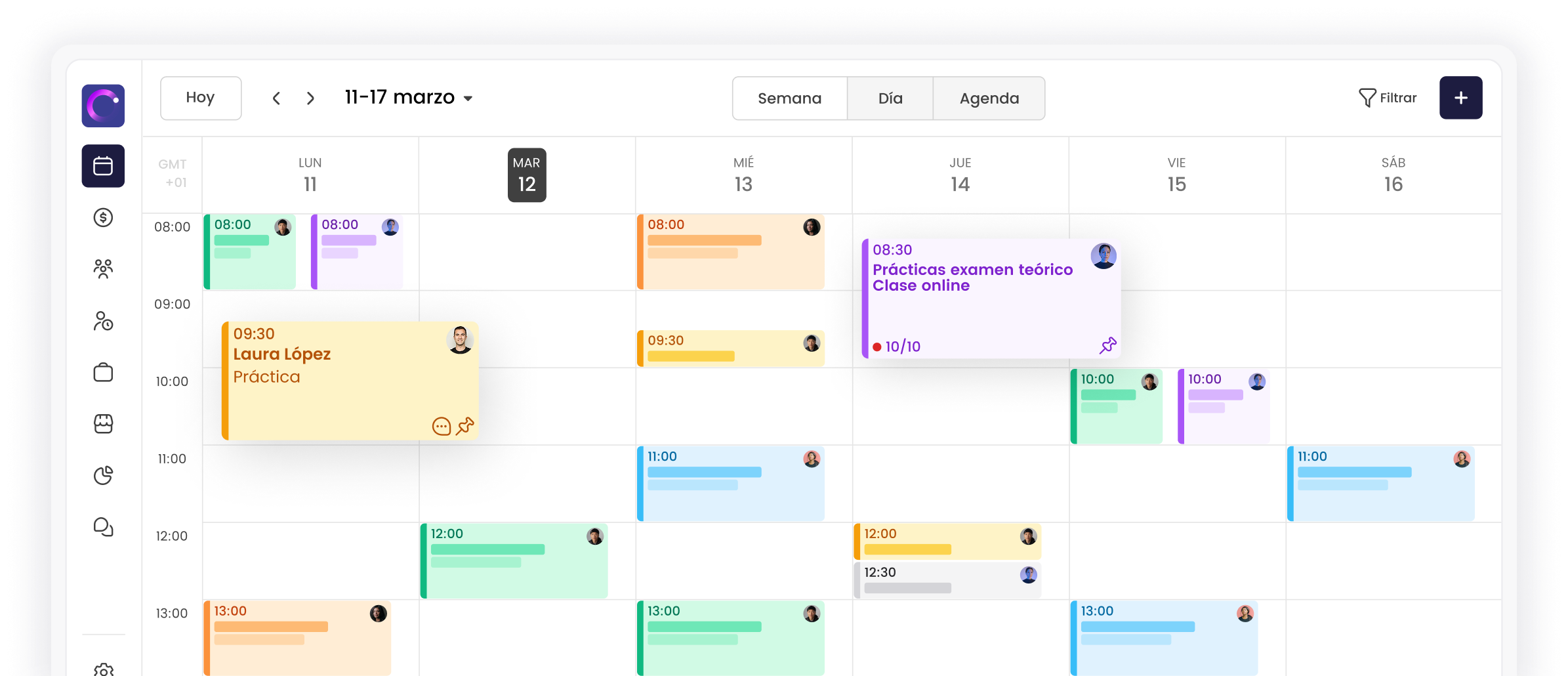 Calendario digital semanal con horarios de clases y prácticas organizadas por colores y perfiles de usuario.