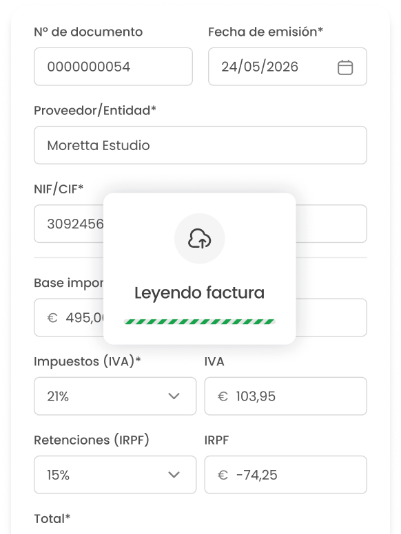 Formulario de factura con detalles de documento, entidad, NIF, base imponible, IVA y retenciones. Leyendo factura.