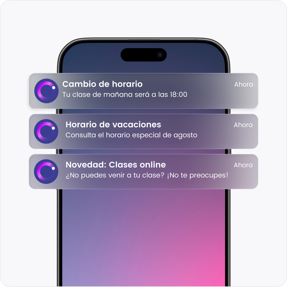 Notificaciones de cambios de horario y clases online en un móvil. Incluye novedades y horario de vacaciones.