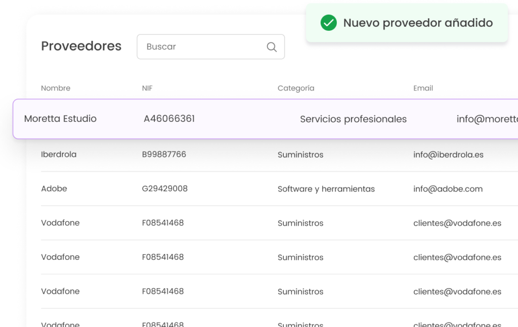 Lista de proveedores con detalles como nombre, NIF, categoría y correo electrónico. Nuevo proveedor añadido.