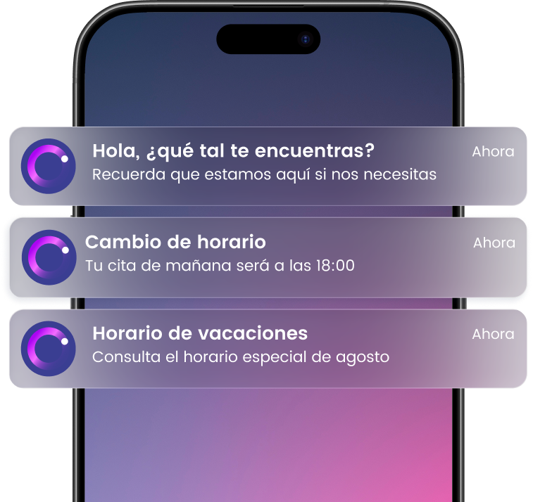 Notificaciones en pantalla de móvil sobre bienestar, cambio de cita a las 18:00 y horario especial de agosto.