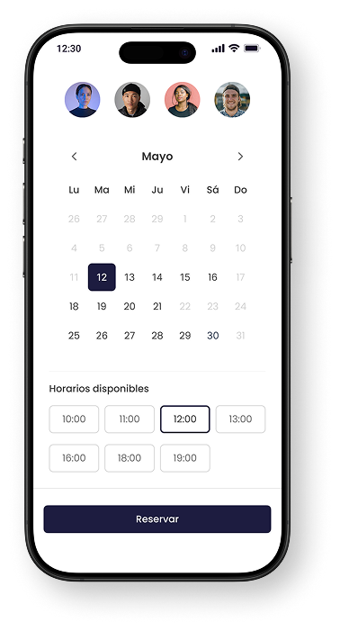 Interfaz de aplicación móvil con calendario de mayo y opciones de reserva de horarios.