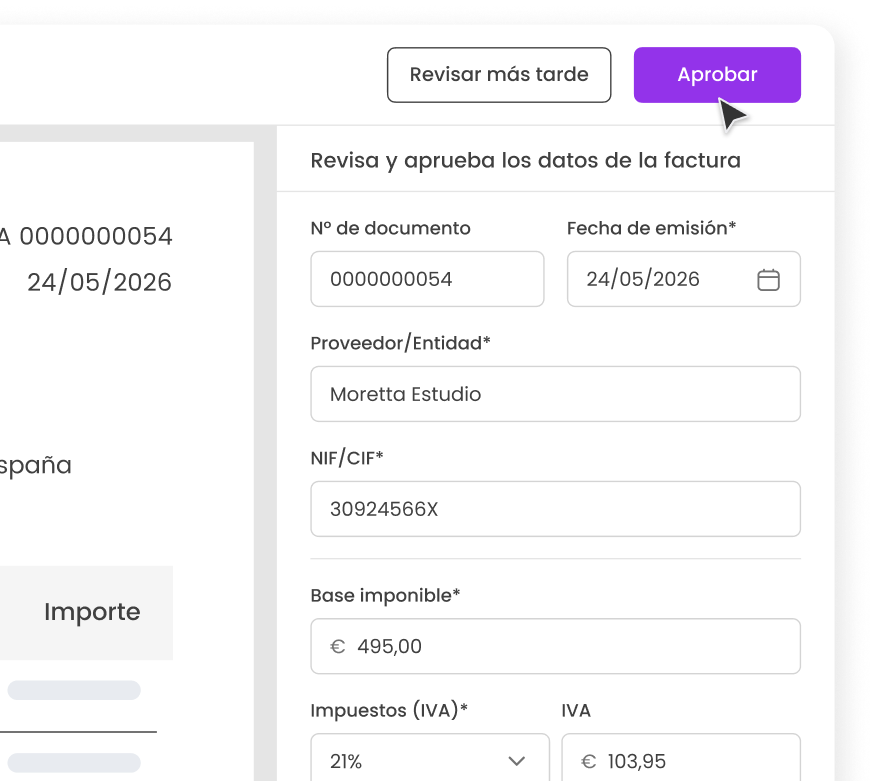 Interfaz de usuario para revisar y aprobar datos de factura, con fecha, proveedor e importe en euros.
