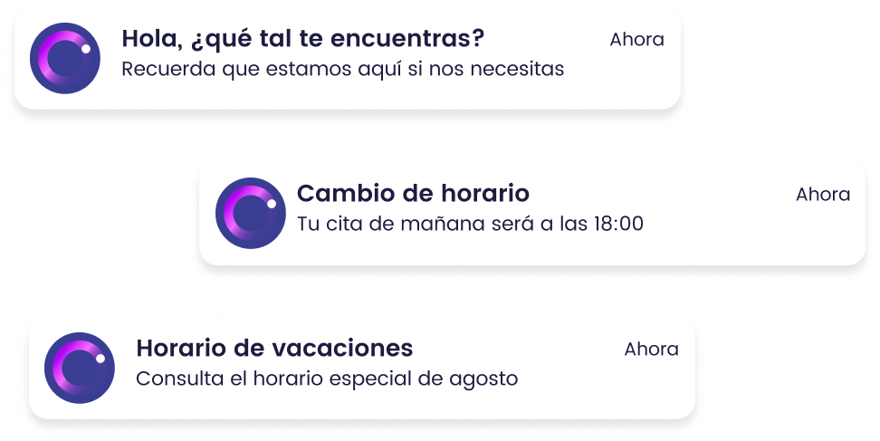 Notificaciones de mensajes: asistencia disponible, cambio de cita a las 18:00, consultar horario especial de agosto.