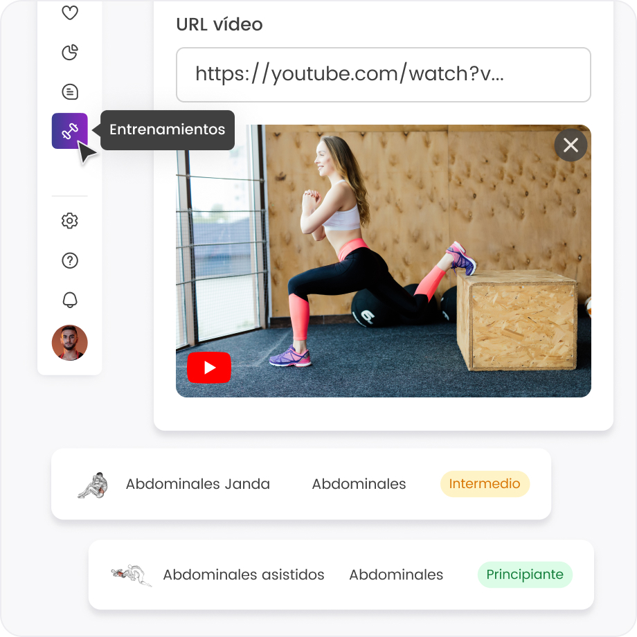 Mujer haciendo ejercicio de zancadas junto a una caja en un gimnasio, con enlaces de video y categorías de entrenamiento.