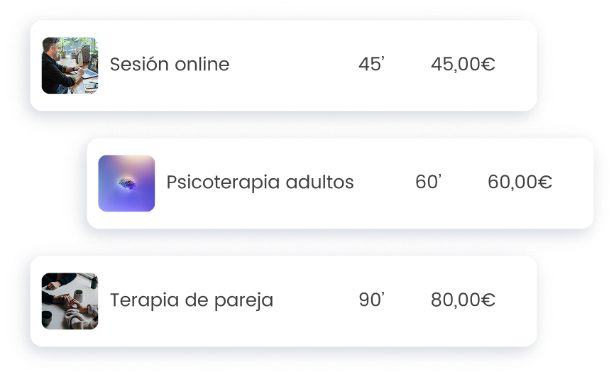 Lista de servicios de terapia: sesión online, psicoterapia adultos, terapia de pareja, con precios y duración.