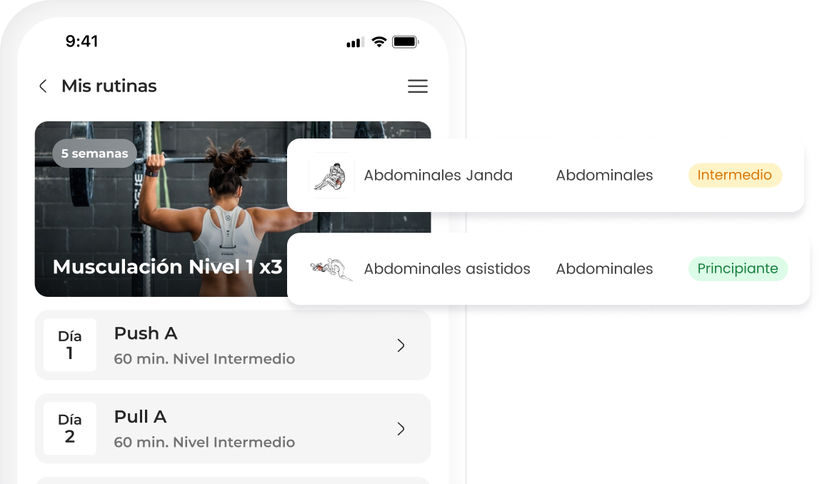 Aplicación de rutina de entrenamiento muscular de 5 semanas con niveles intermedio y principiante.