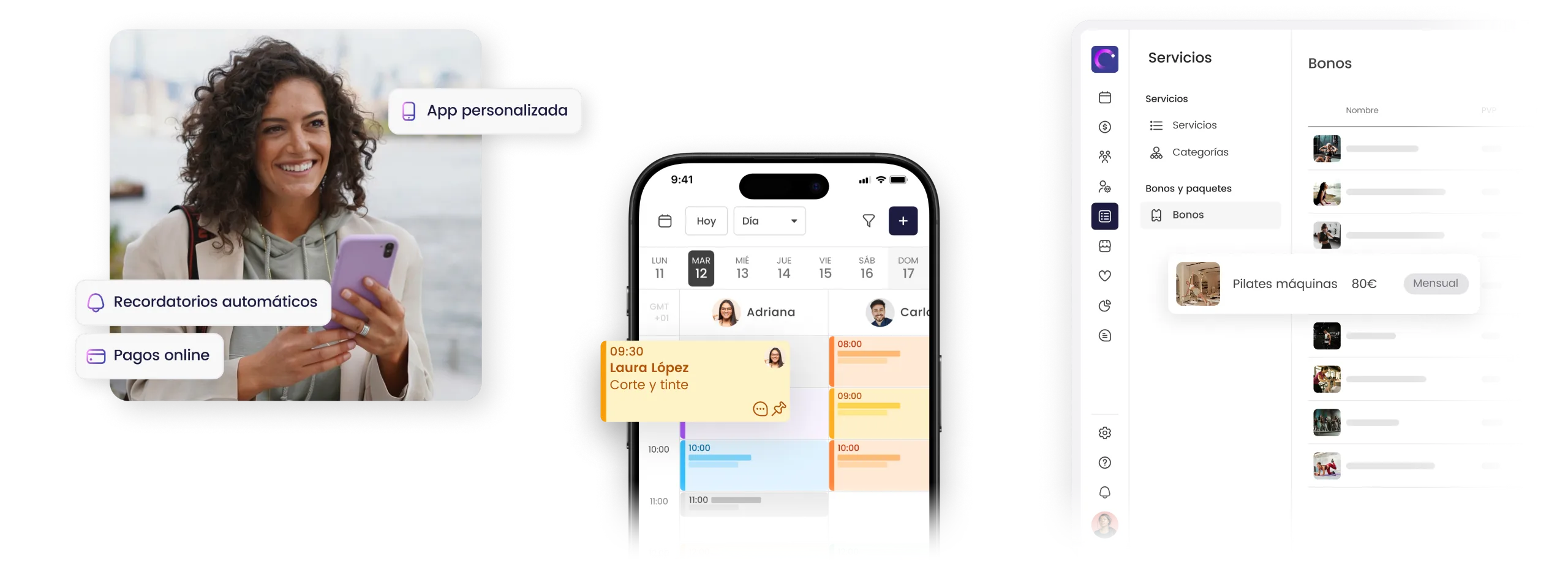 Usuario usando una app para servicios con recordatorios automáticos y pagos online. Gestión de agenda y bonos.